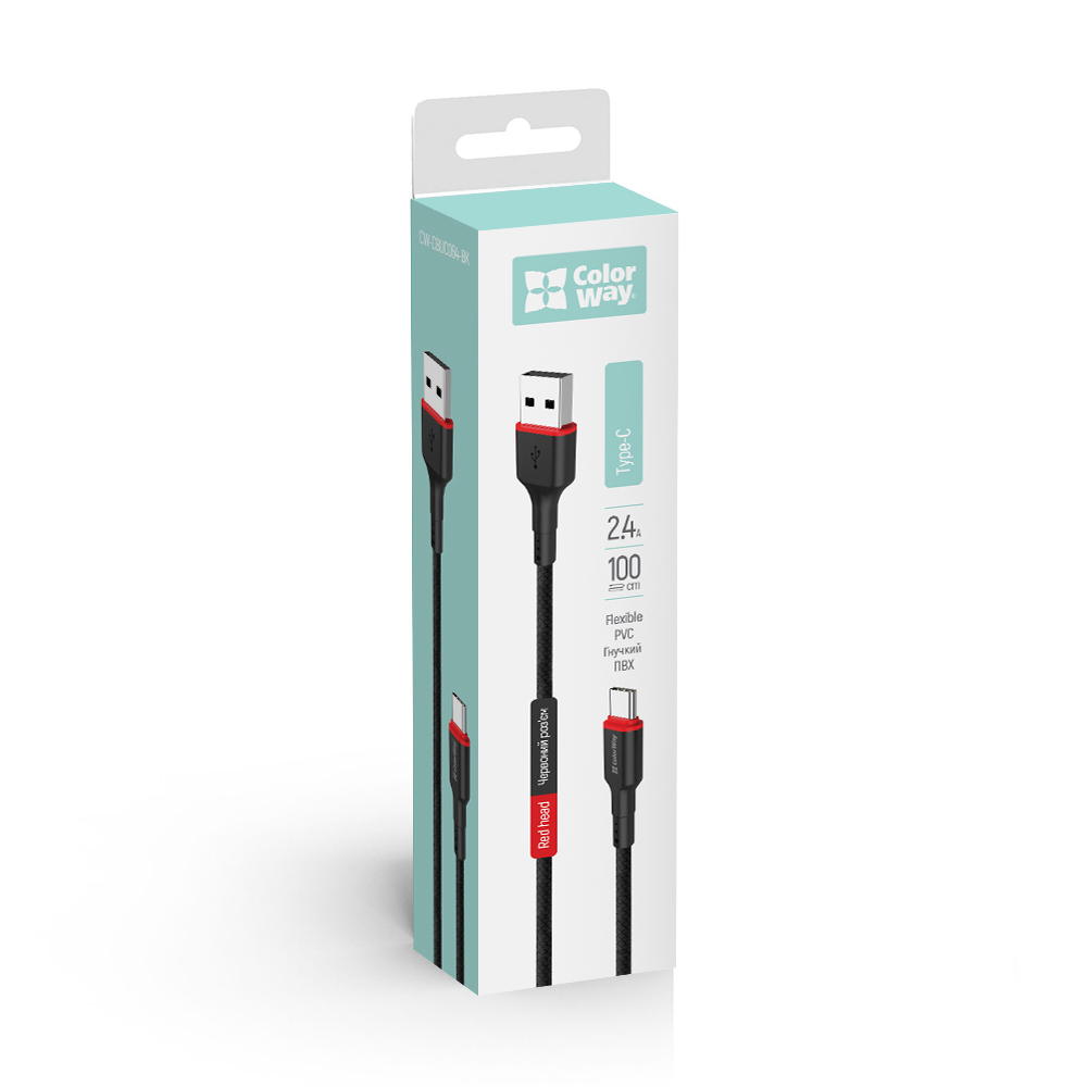 Kábel ColorWay USB - Type-C (nylon - red head) 2.4А 1m čierny (CW-CBUC064-BK)