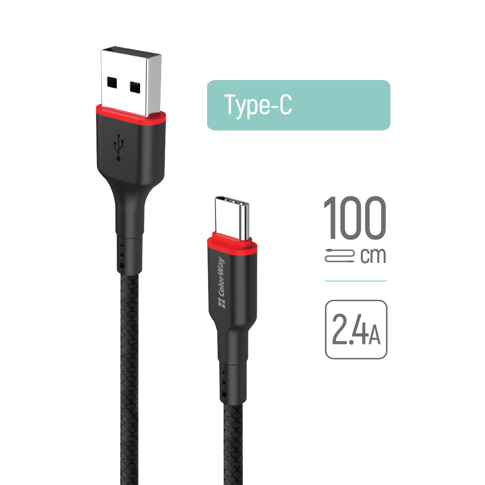 Kábel ColorWay USB - Type-C (nylon - red head) 2.4А 1m čierny (CW-CBUC064-BK)