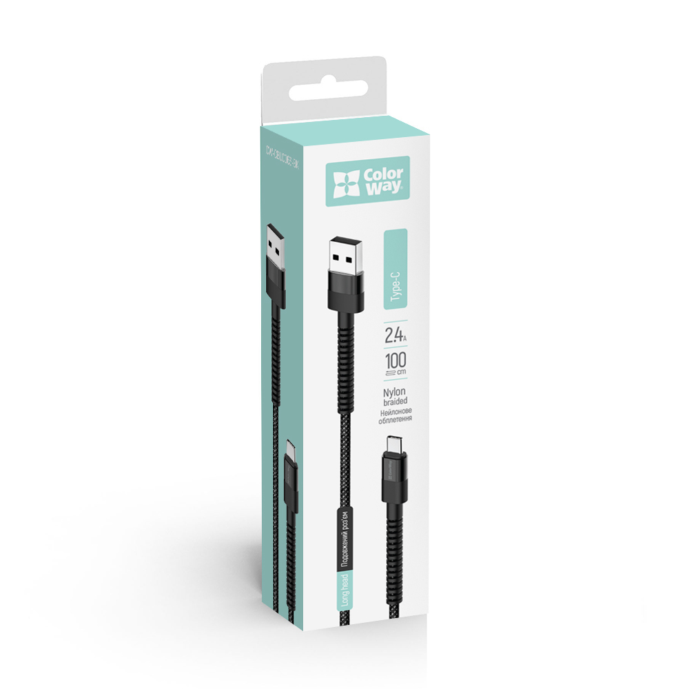 Kábel ColorWay USB - Type-C (nylon - long head) 2.4А 1m čierny (CW-CBUC063-BK)