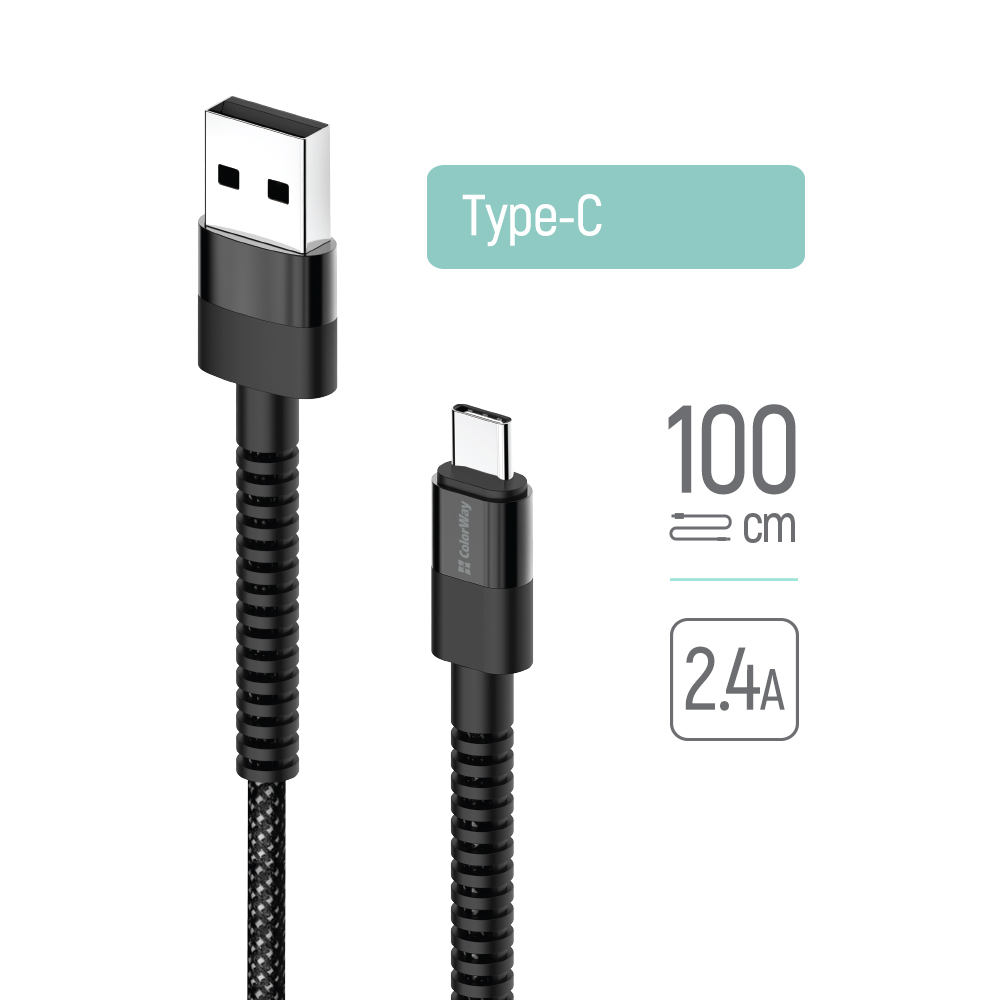 Kábel ColorWay USB - Type-C (nylon - long head) 2.4А 1m čierny (CW-CBUC063-BK)