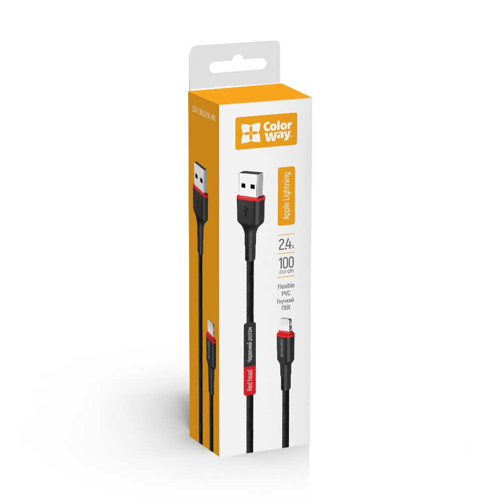 Kábel ColorWay USB -  Apple Lightning (nylon - red head) 2.4А 1m čierny (CW-CBUL064-BK)
