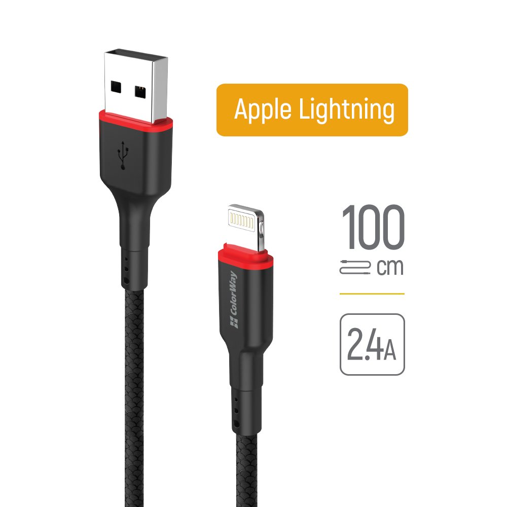 Kábel ColorWay USB -  Apple Lightning (nylon - red head) 2.4А 1m čierny (CW-CBUL064-BK)