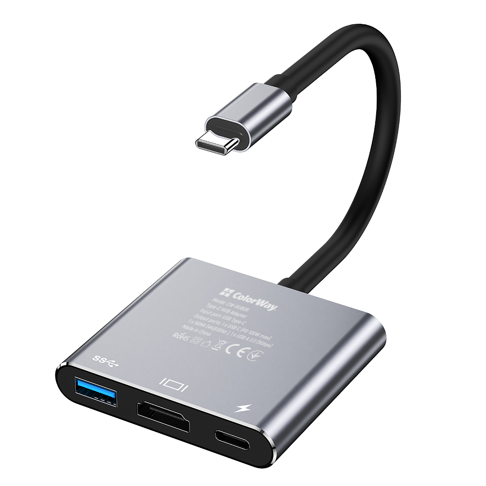 ColorWay USB Hub, 3-v-1 USB-C PD 100W / USB 3.0 / HDMI 4K (CW-HUB08)