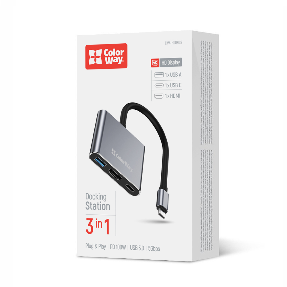 USB Hub (Dokovacia stanica) ColorWay 3-v-1 USB-C PD 100W / USB 3.0 / HDMI 4K (CW-HUB08)