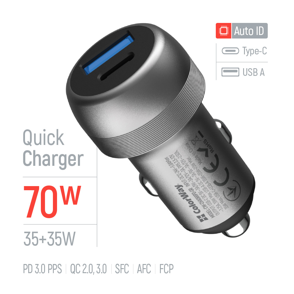 ColorWay Autonabíjačka 2x USB (USB-C PD 35 W + USB QC 3.0 35 W) sivá, CW-CHA066PD-GR