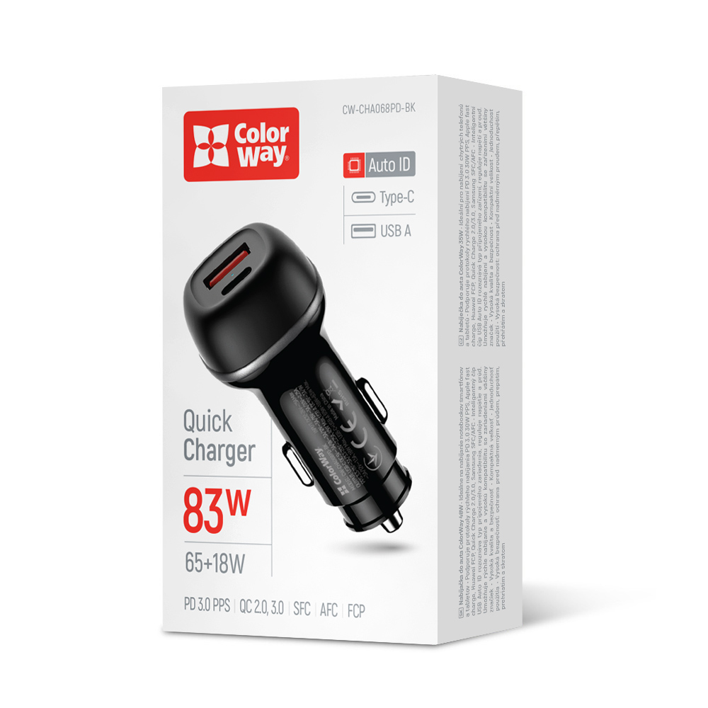 

Autonabíjačka ColorWay 2x USB (USB-C PD 65 W + USB QC 3.0 18 W) čierna, CW-CHA068PD-BK