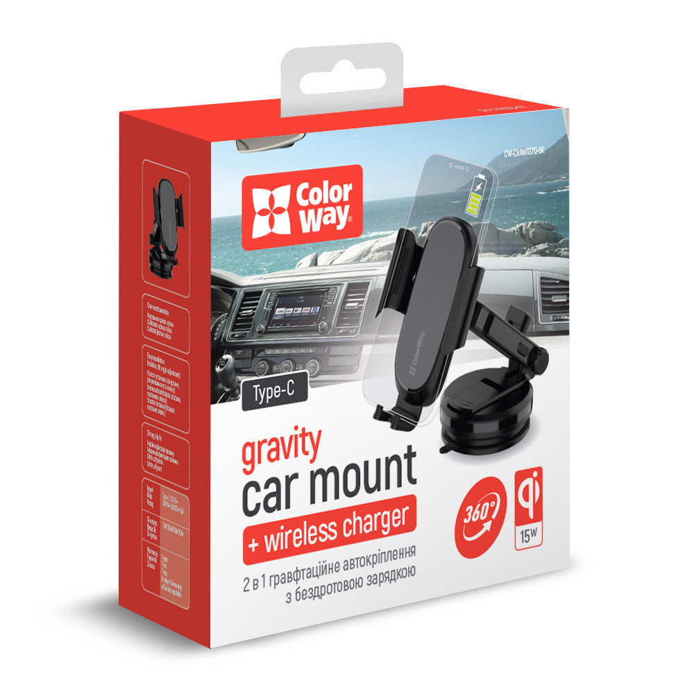 

Držiak do auta ColorWay Dashboard na palubnú dosku, bezdrôtová nabíjačka 15W, čierny (CW-CHAW037Q-BK)- poškodený obal