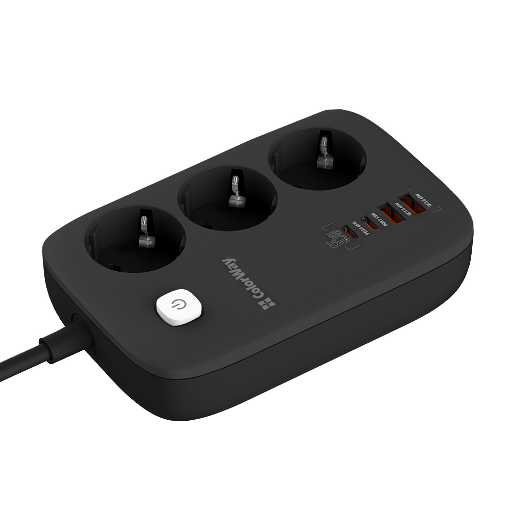ColorWay Predlžovací kábel (3x220V/2xUSB-A/2xType-C), 65W, GaN3 Pro, čierny (CW-CHE34PDB)