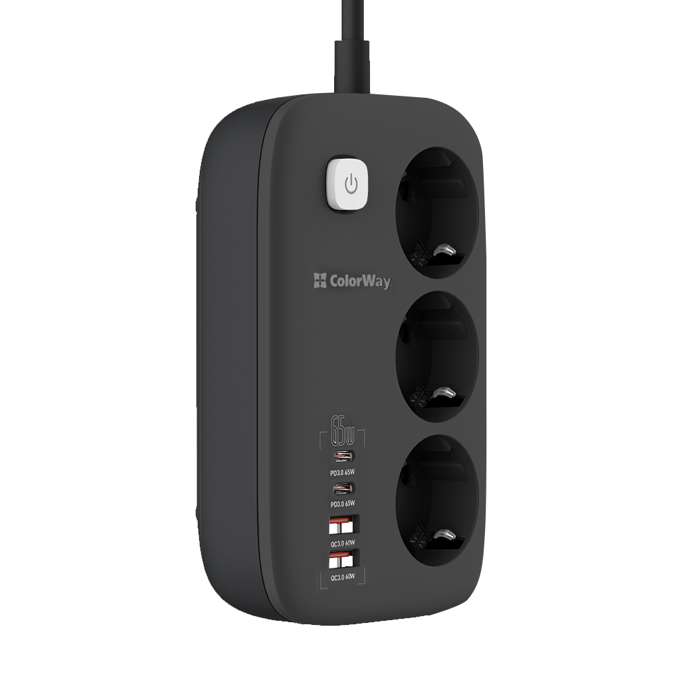 ColorWay Predlžovací kábel (3x220V/2xUSB-A/2xType-C), 65W, GaN3 Pro, čierny (CW-CHE34PDB)