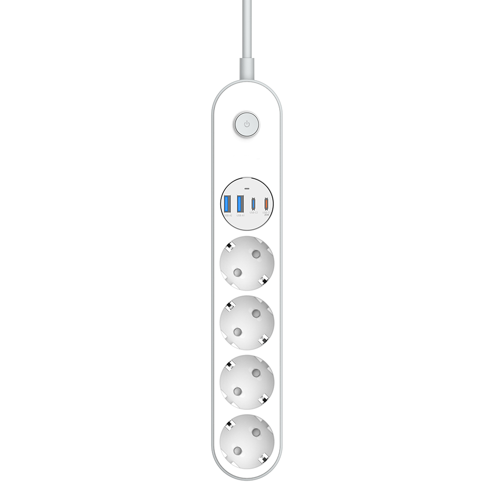 ColorWay Predlžovací kábel 4 zásuvky / 4 USB (2× USB-C PD 20W + 2× USB-A QC 3.0), 2m, biely (CW-CHE44PDW)
