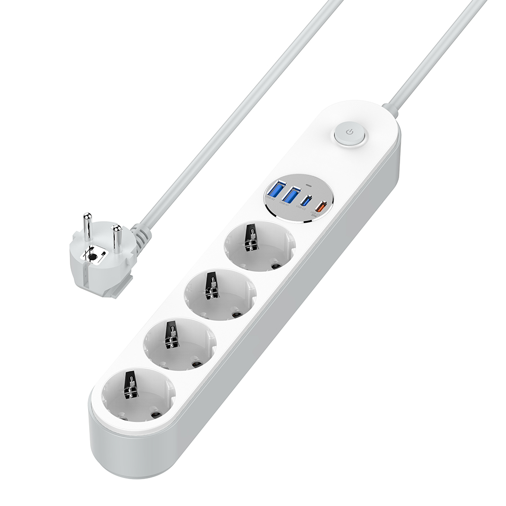 ColorWay Predlžovací kábel 4 zásuvky / 4 USB (2× USB-C PD 20W + 2× USB-A QC 3.0), 2m, biely (CW-CHE44PDW)