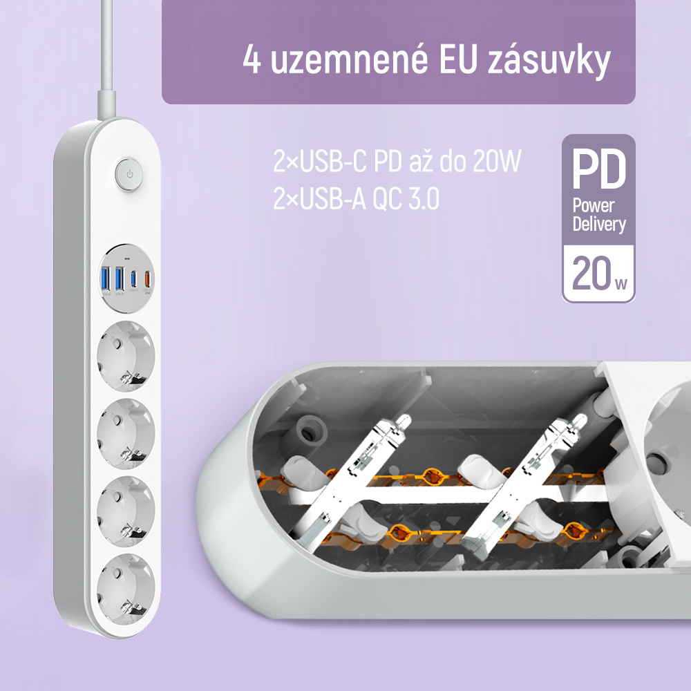 ColorWay Predlžovací kábel 4 zásuvky / 4 USB (2× USB-C PD 20W + 2× USB-A QC 3.0), 2m, biely (CW-CHE44PDW)