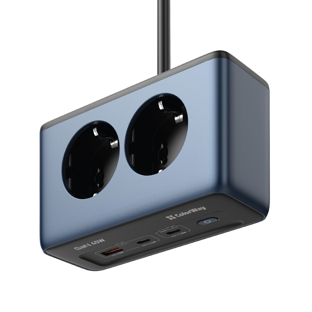 ColorWay s prepäťovou ochranou 2× 230 V / 1× USB-A / 2× USB-C (GaN 45 W), modrý, 2 m (CW-CHE25PDB)