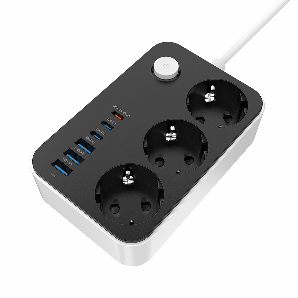 ColorWay s prepäťovou ochranou 3 zásuvky / 6 USB (3× USB-A + 3× USB-C PD 20W),2 m, čierny (CW-CHE36PDB)