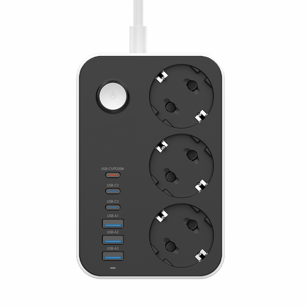 ColorWay s prepäťovou ochranou 3 zásuvky / 6 USB (3× USB-A + 3× USB-C PD 20W),2 m, čierny (CW-CHE36PDB)