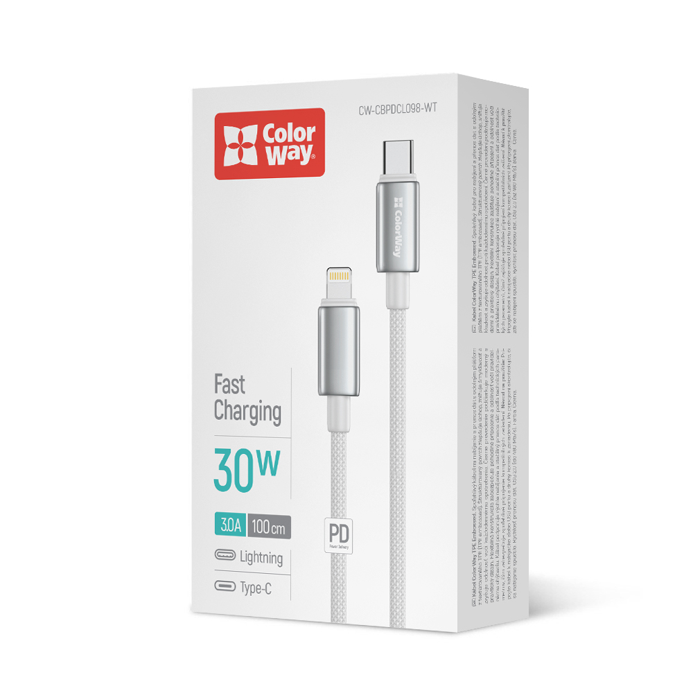 Kábel ColorWay USB-C – Apple Lightning (zinková zliatina, nylonové opletenie) PD Fast Charging 30W, 1 m biely (CW-CBPDCL098-WT)