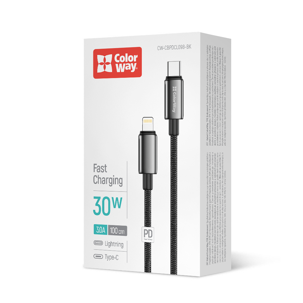 Kábel ColorWay USB-C – Apple Lightning (zinková zliatina, nylonové opletenie) PD Fast Charging 30 W, 1m čierny (CW-CBPDCL098-BK)