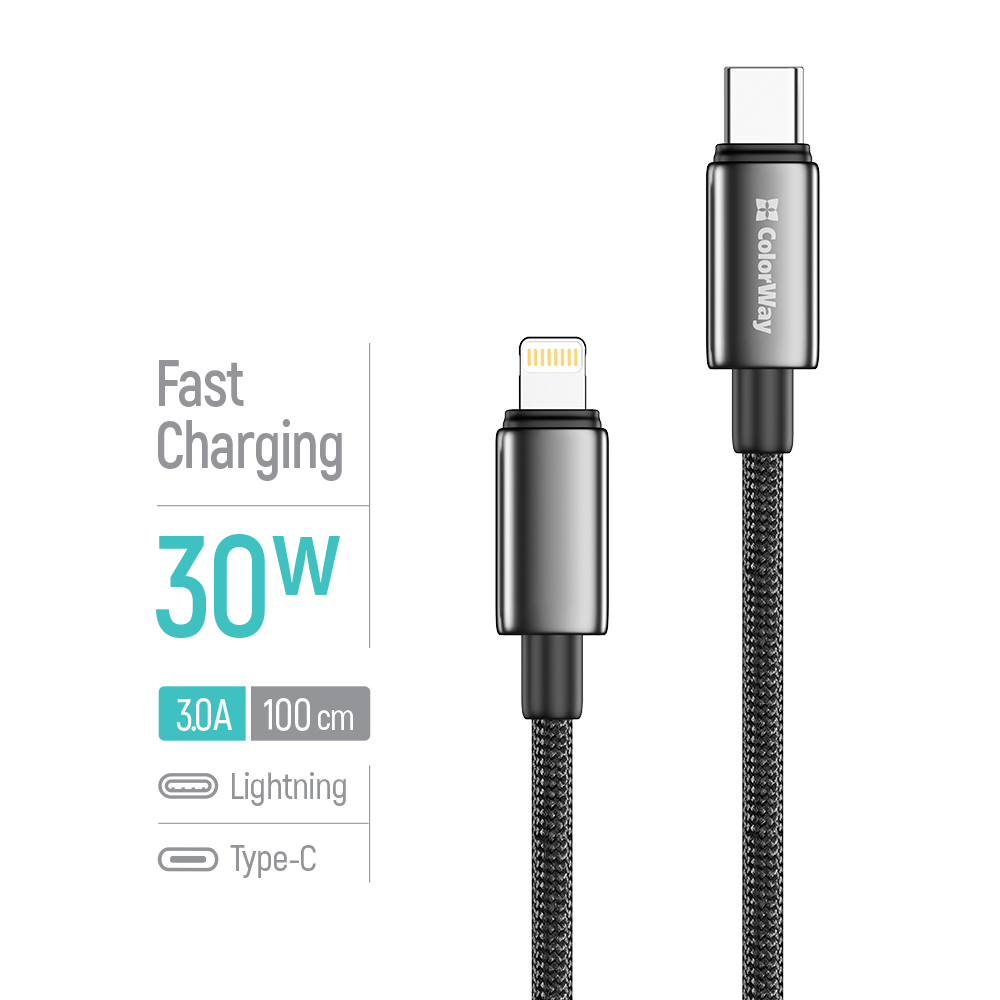 Kábel ColorWay USB-C – Apple Lightning (zinková zliatina, nylonové opletenie) PD Fast Charging 30 W, 1m čierny (CW-CBPDCL098-BK)