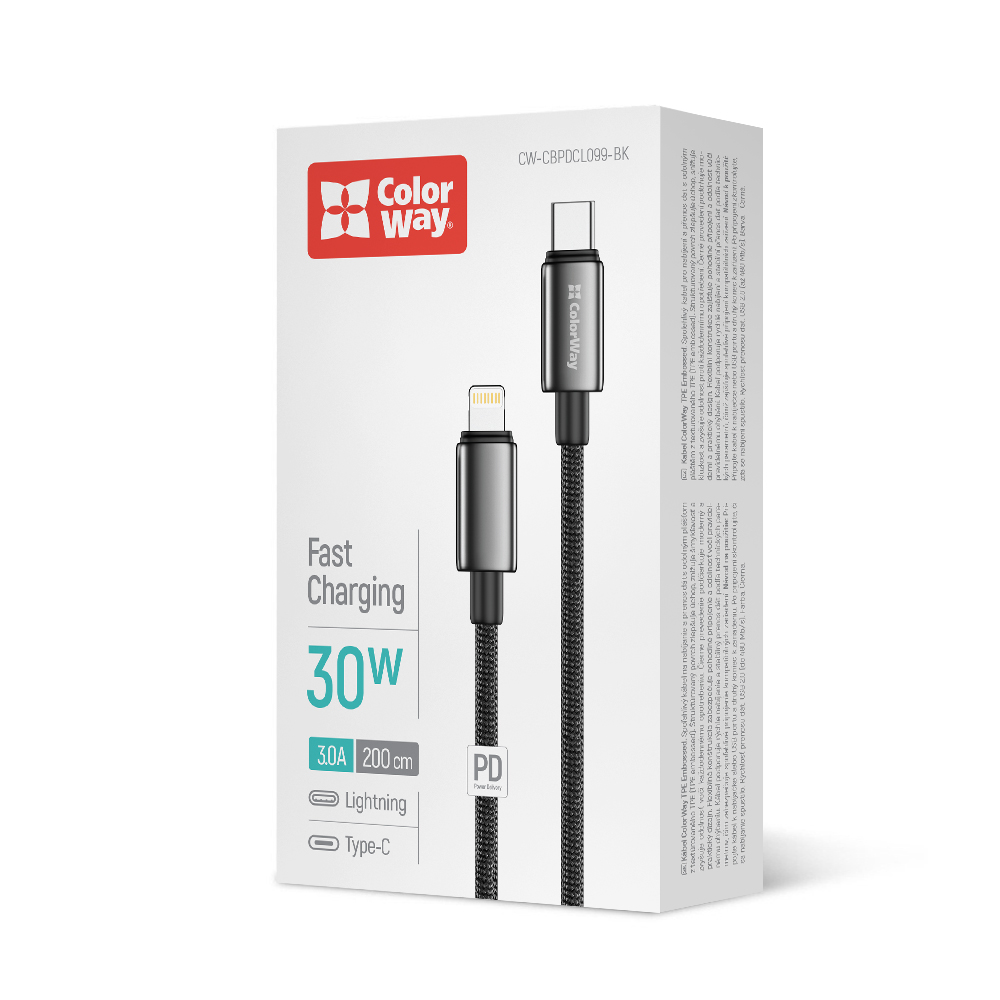 Kábel ColorWay USB-C – Apple Lightning (zinková zliatina, nylonové opletenie) PD Fast Charging 30W, 2m čierny (CW-CBPDCL099-BK)