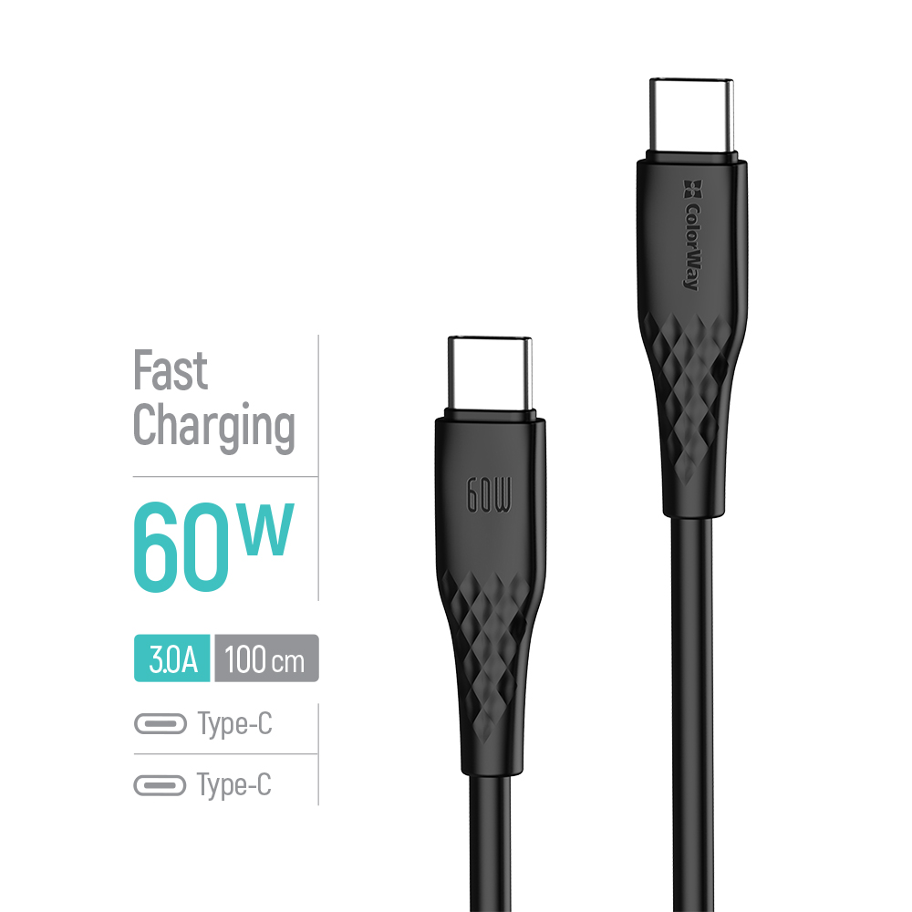 Kábel ColorWay USB-C – USB-C (textúrované PVC) PD Fast Charging 60W, 3A, 1 m čierny (CW-CBPDCC094-BK)