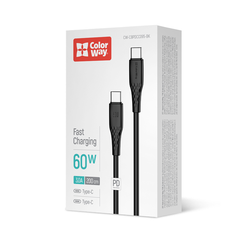 Kábel ColorWay USB-C – USB-C (textúrované PVC) PD Fast Charging 60W, 3A, 2m čierny (CW-CBPDCC095-BK)