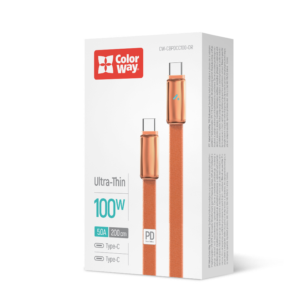 Kábel ColorWay USB-C – USB-C (ultratenký) PD Fast Charging 100W, 5A, 1m, oranžový (CW-CBPDCC100-OR)