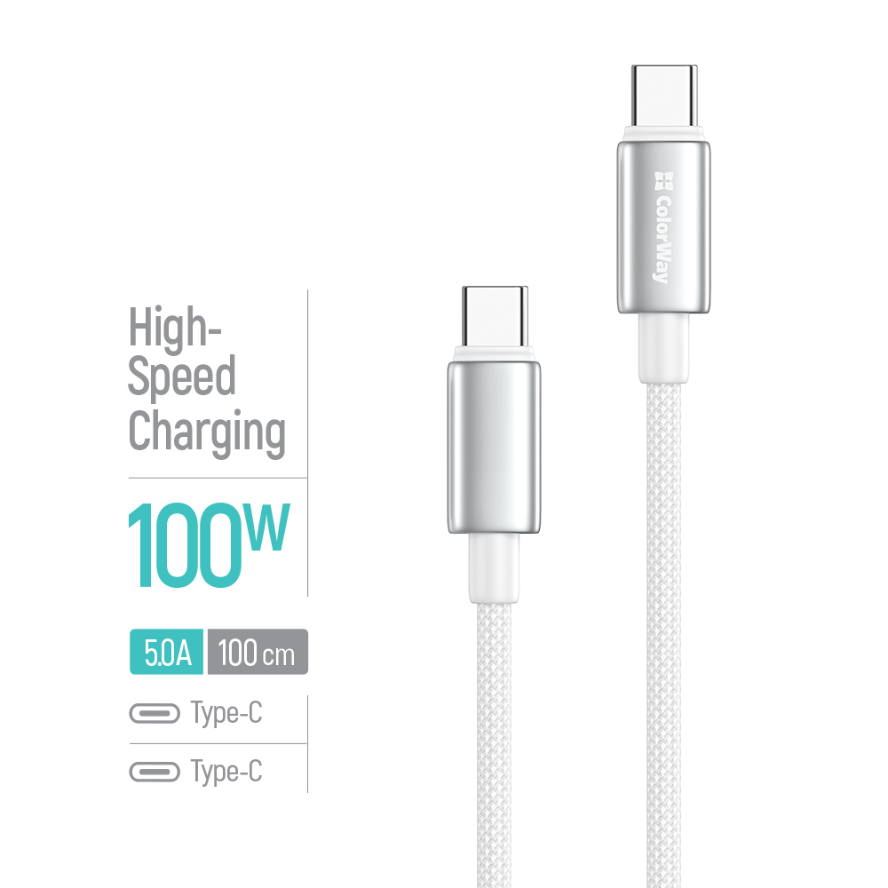 Kábel ColorWay USB-C – USB-C (zinková zliatina, nylonové opletenie) PD Fast Charging 100W, 5A, 1 m biely (CW-CBPDCC098-WT)