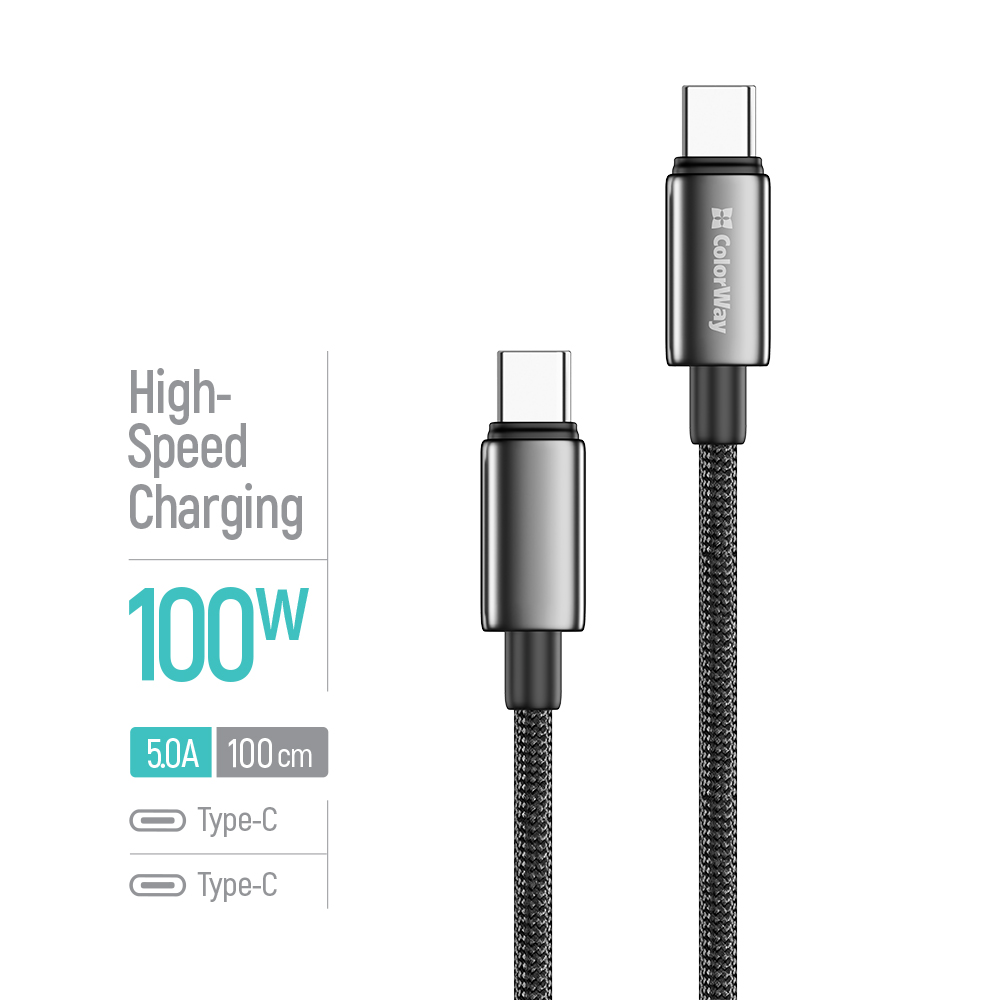 Kábel ColorWay USB-C – USB-C (zinková zliatina, nylonové opletenie) PD Fast Charging 100W, 5A, 1 m čierny (CW-CBPDCC098-BK)