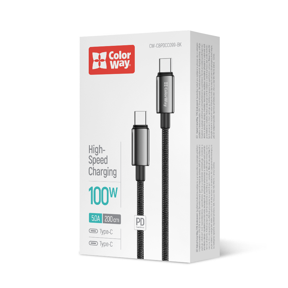 Kábel ColorWay USB-C – USB-C (zinková zliatina, nylonové opletenie) PD Fast Charging 100W, 5A, 2m čierny (CW-CBPDCC099-BK)