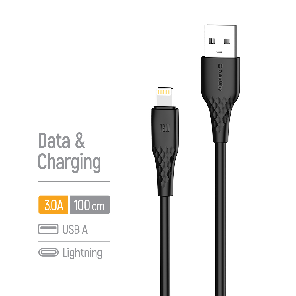 Kábel ColorWay USB-A – Apple Lightning (textúrované PVC) 3A, 1m čierny (CW-CBUL094-BK)