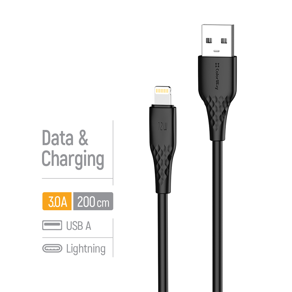Kábel ColorWay USB-A – Apple Lightning (textúrované PVC) 3A, 2m čierny (CW-CBUL095-BK)
