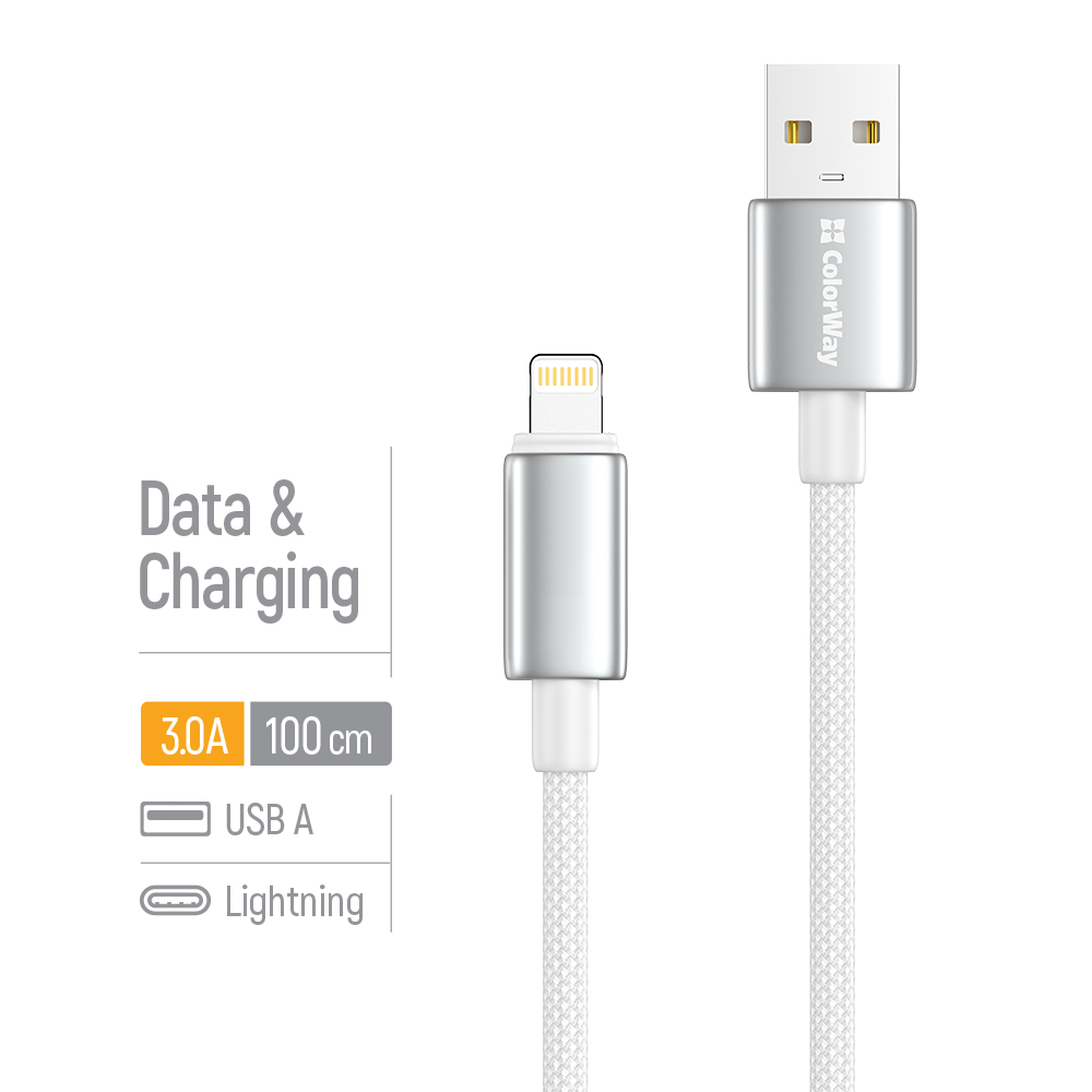 Kábel ColorWay USB-A – Apple Lightning (zinková zliatina, nylonové opletenie) 3A, 1m biely (CW-CBUL098-WT)