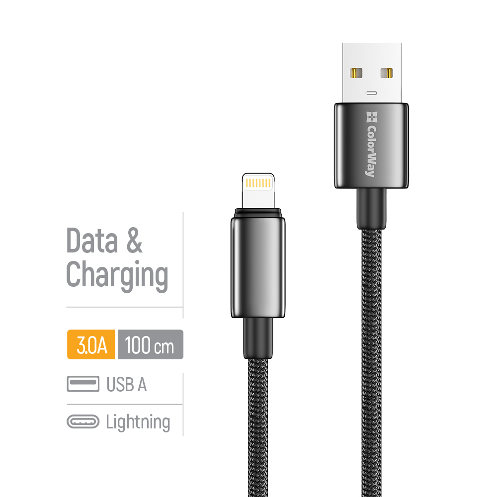 Kábel ColorWay USB-A – Apple Lightning (zinková zliatina, nylonové opletenie) 3A, 1m čierny (CW-CBUL098-BK)