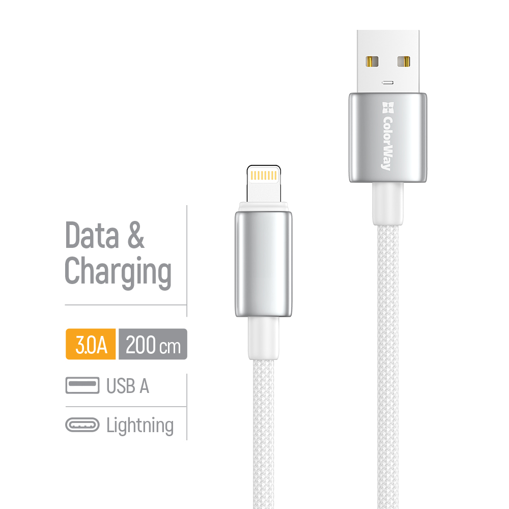 Kábel ColorWay USB-A – Apple Lightning (zinková zliatina, nylonové opletenie) 3A, 2m biely (CW-CBUL099-WT)