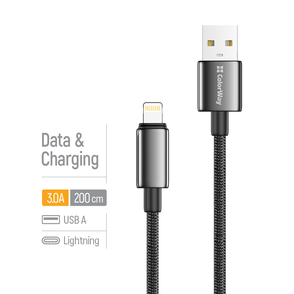 Kábel ColorWay USB-A – Apple Lightning (zinková zliatina, nylonové opletenie) 3A, 2m čierny (CW-CBUL099-BK)