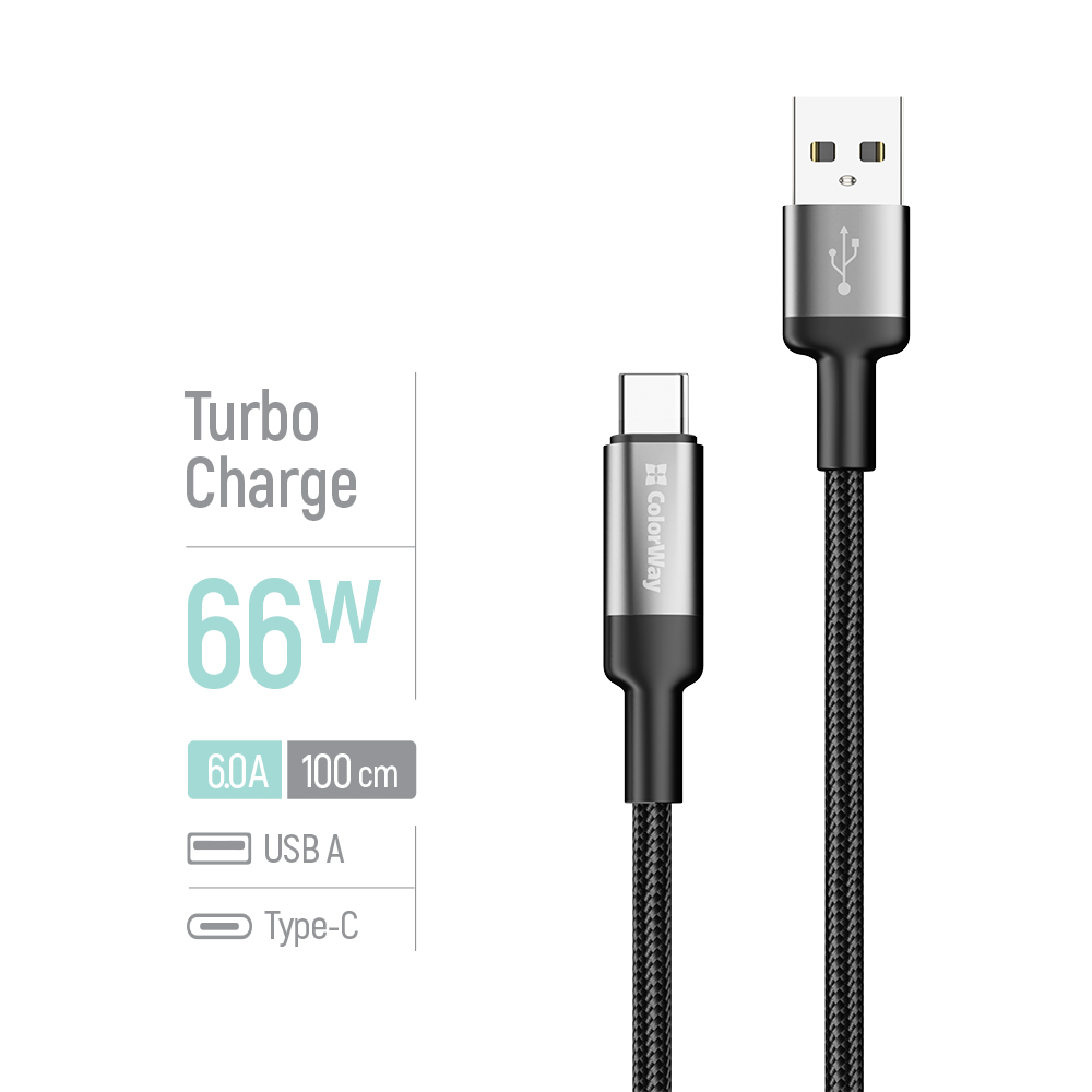 Kábel ColorWay USB-A – USB-C (nylonové opletenie) 66 W, 6A, 1m čierny (CW-CBUC096-BK)