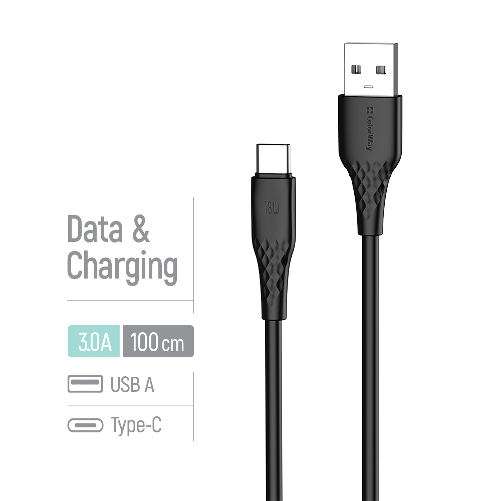 Kábel ColorWay USB-A – Type-C (textúrované PVC) 3A, 1m čierny (CW-CBUC094-BK)
