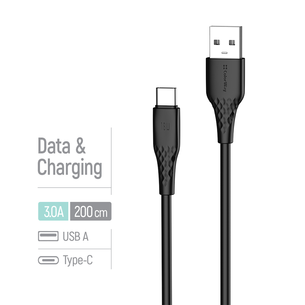 Kábel ColorWay USB-A – Type-C (textúrované PVC) 3A, 2m čierny (CW-CBUC095-BK)