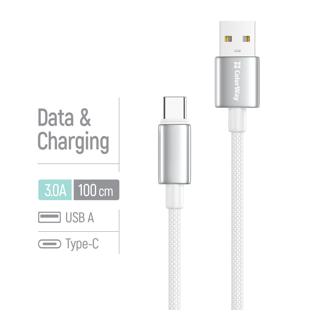 Kábel ColorWay USB-A – USB-C (zinková zliatina, nylonové opletenie) 3A, 1m biely (CW-CBUC098-WT)