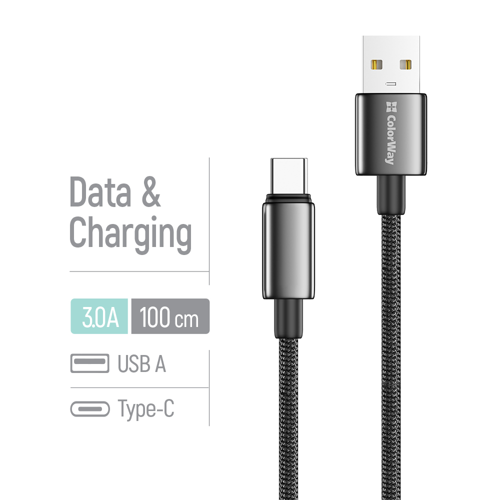 Kábel ColorWay USB-A – USB-C (zinková zliatina, nylonové opletenie) 3A, 1m čierny (CW-CBUC098-BK)