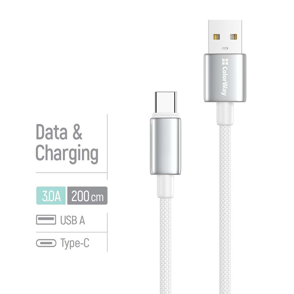 Kábel ColorWay USB-A – TYPE-C (zinková zliatina, nylonové opletenie) 3A, 2m biely (CW-CBUC099-WT)