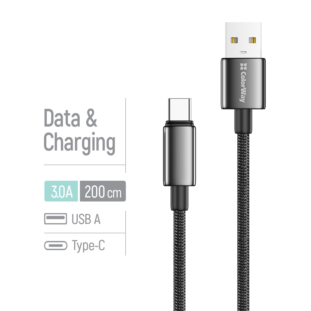 Kábel ColorWay USB-A – TYPE-C (zinková zliatina, nylonové opletenie) 3A, 2m čierny (CW-CBUC099-BK)