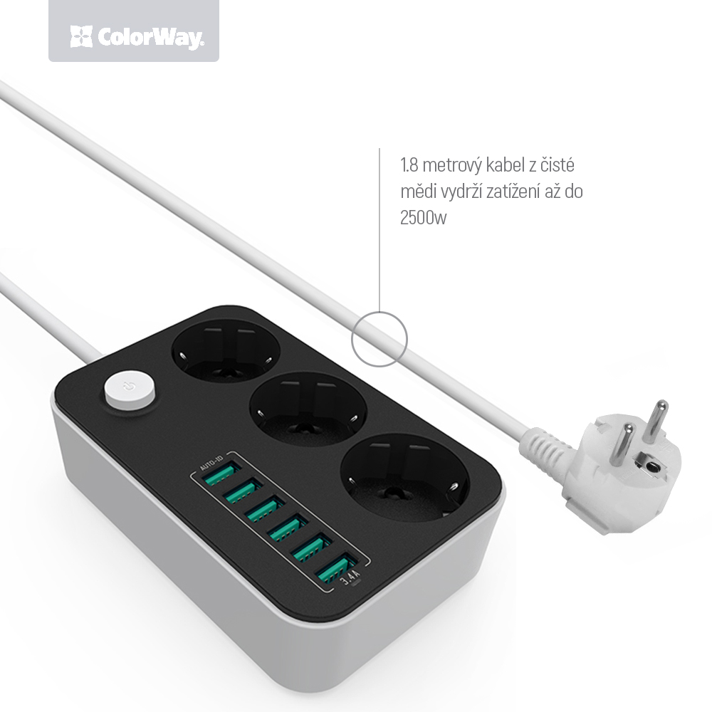 Predlžovací kábel ColorWay 3x eurozásuvka, 6x USB čierna (CW-CHE36B)