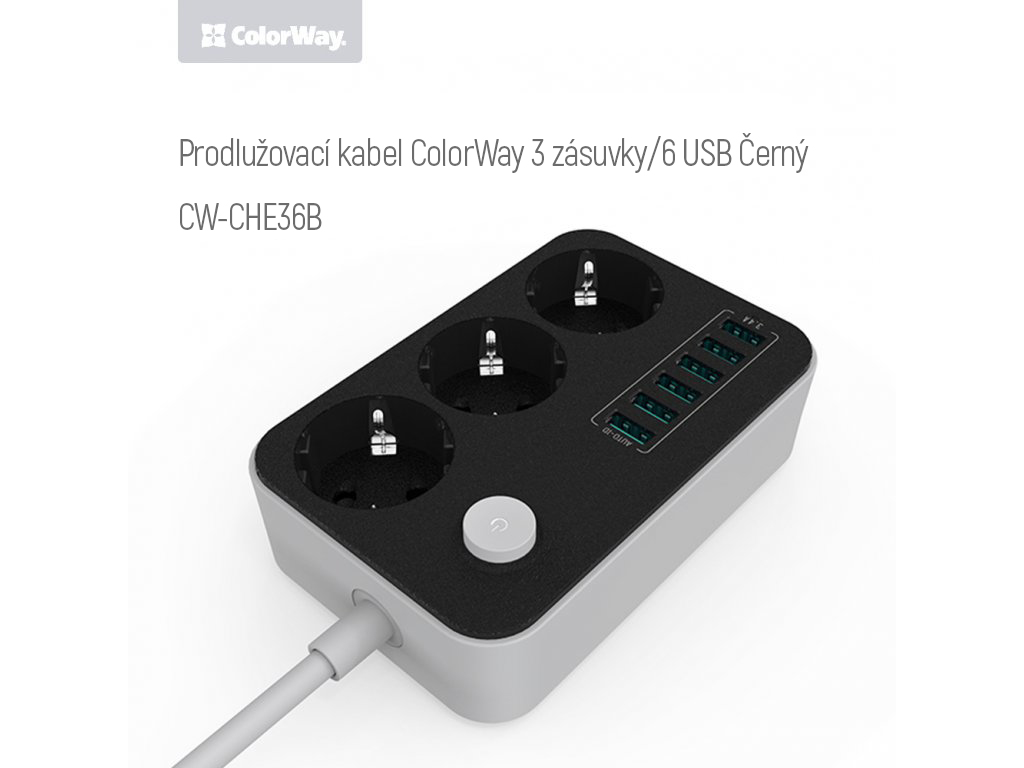ColorWay Predlžovací kábel, 3x eurozásuvka, 6x USB čierna (CW-CHE36B)