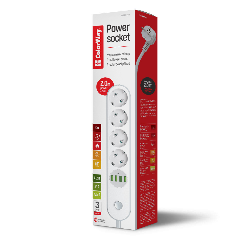 Predlžovací kábel ColorWay CW-CHE44W  (4x eurozásuvka, 4x USB), biela