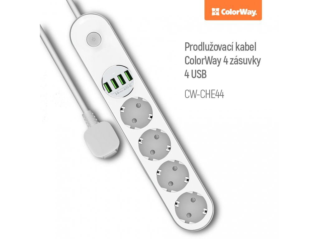 ColorWay Predlžovací kábel, CW-CHE44W (4x eurozásuvka, 4x USB), biela