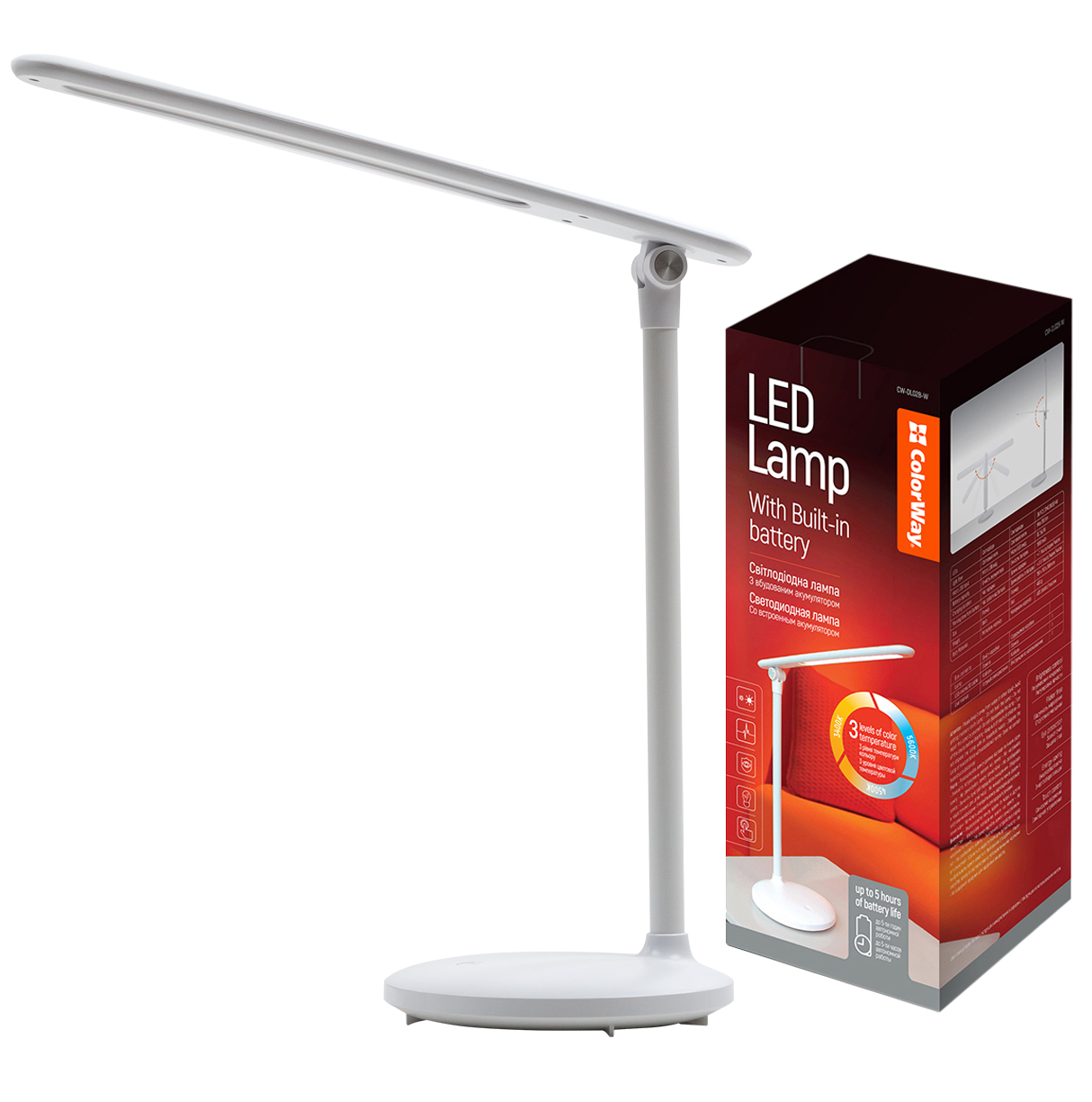 LED stolná lampa ColorWay so zabudovanou batériou, biela (CW-DL02B-W)