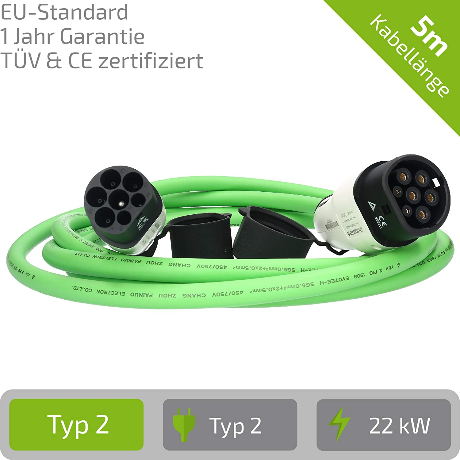 ZENCAR EVSE nabíjací kábel pre elektrické vozidlá TYP 2 - TYP 2, 32A 3-fázy, 22kw, zelený, 6m, prepravná taška zadarmo
