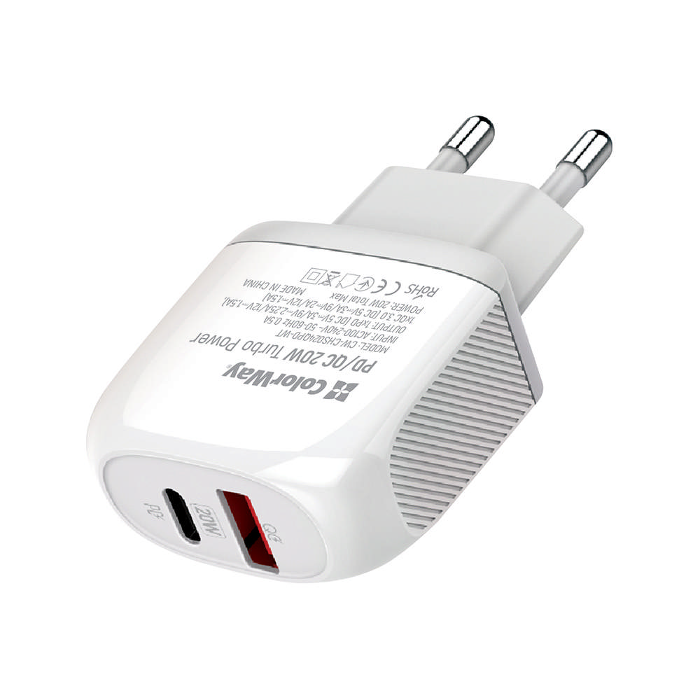 

ColorWay AC nabíjačka 1xUSB QC 3.0 18W + 1x Type-C PD 20W biela