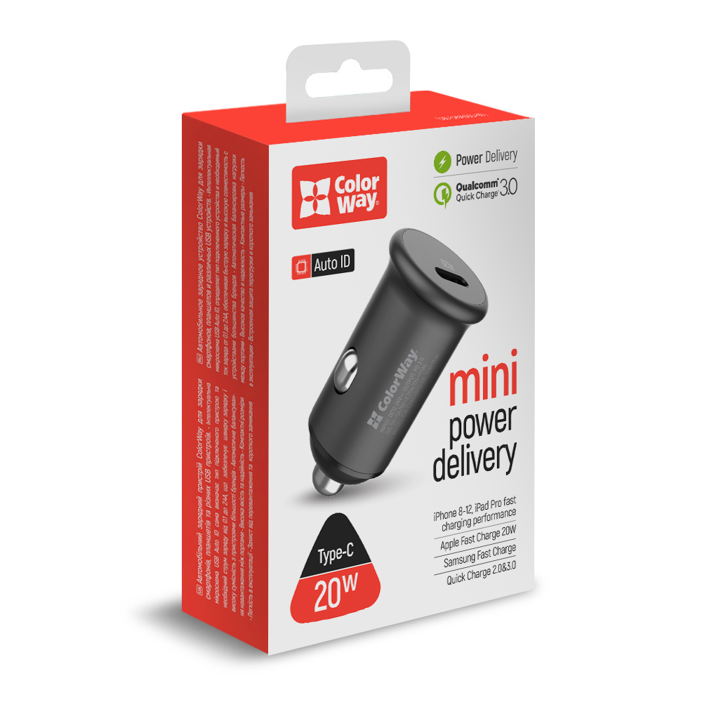 Nabíjačka do Auta ColorWay 1x USB Power Delivery port TYPE-C, šedá (CW-CHA028PD-GR)